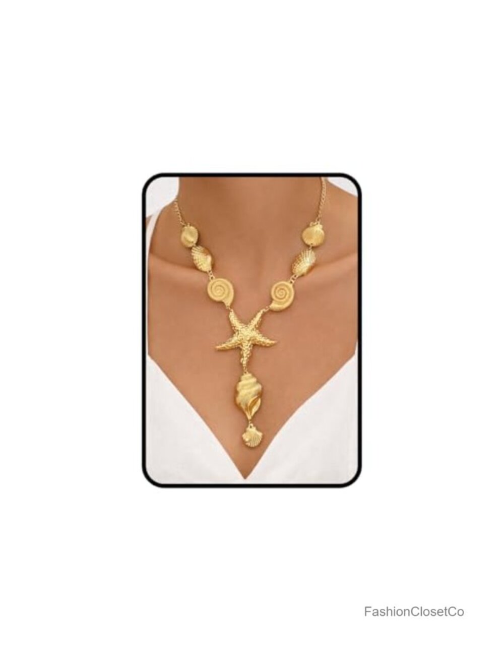 Starfish Shell Y-Necklace Chunky Gold Tone Adjustable Beach Jewelry for Women